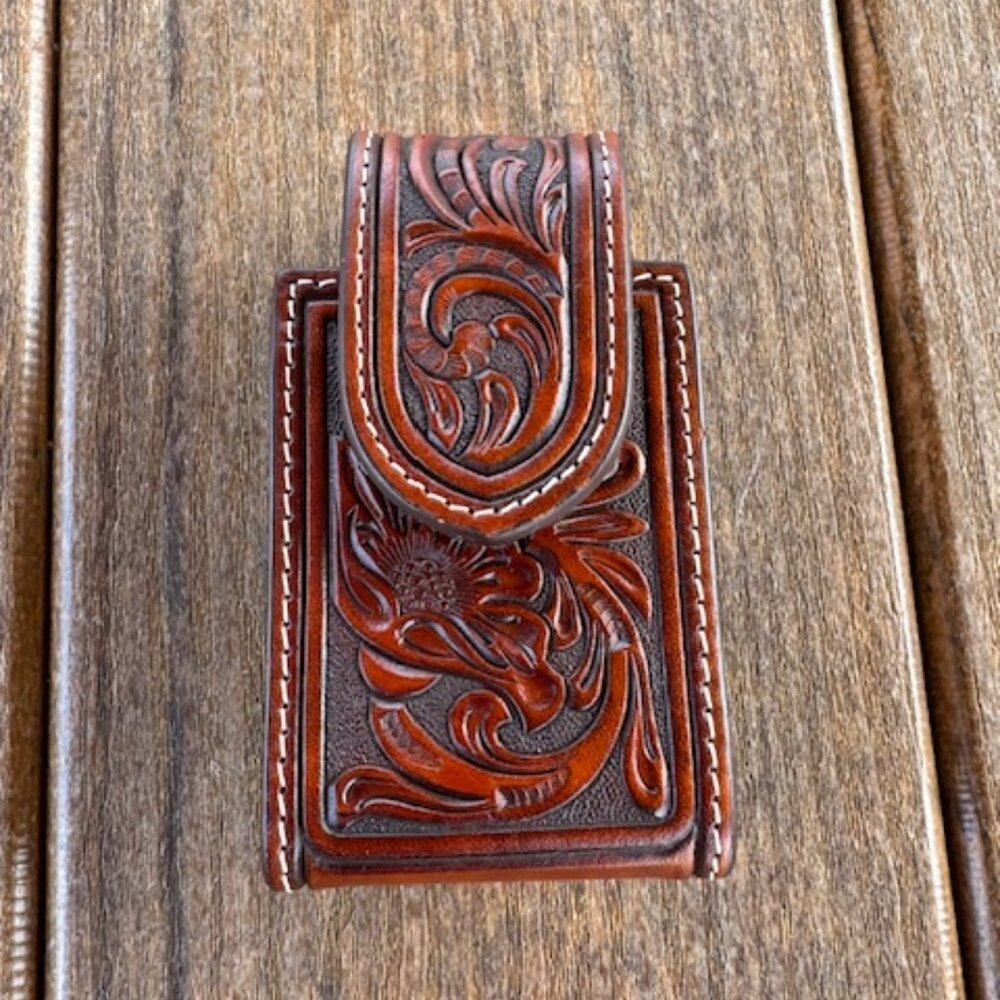 VINTAGE NACONA TOOLED LEATHER BELT CLIP CELL PHONE HOLDER